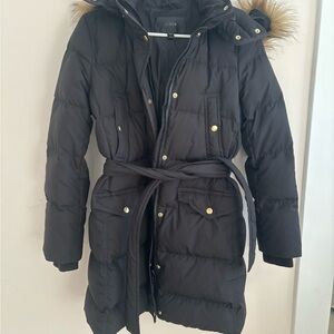 J. Crew Black Puffer Coat with Fur Hood